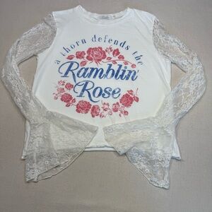 White and Pink Graphic Lace Sleeve Top by Obsessive Love - Size Large